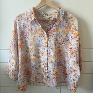 100% linen Floral Button-Up Blouse